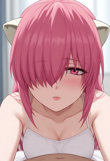 1girl, 1boy, Lucy, pink hair, pink eyes, horns, hair over one eye, kissing, french_kissing, Male_POV, summer dress, depth of field, blurry background, foreshortening