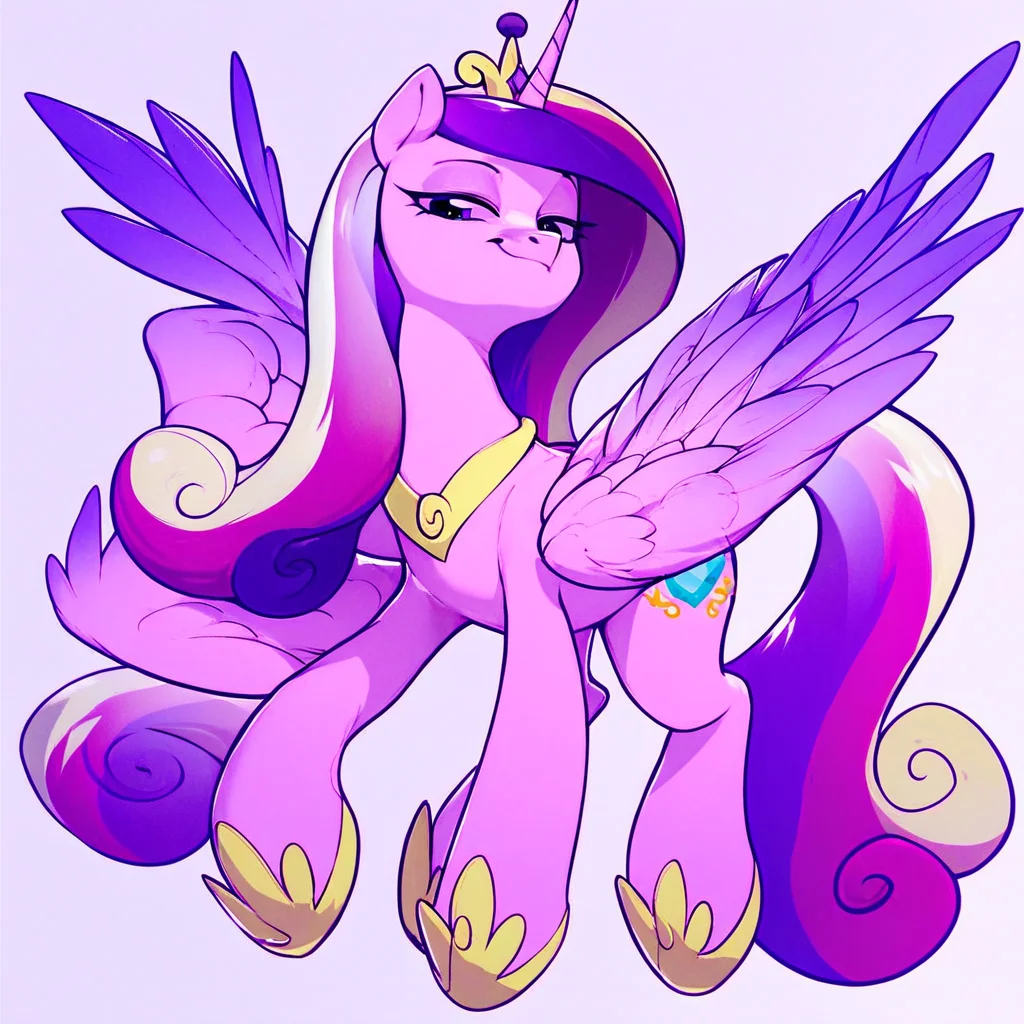 score_9, score_8_up, score_7_up, score_6_up, source_pony, high quality, absurd resolution, Nekoshiei, color, female, mare, princess cadance, alicorn, mischievious smirk, bedroom eyes, full body