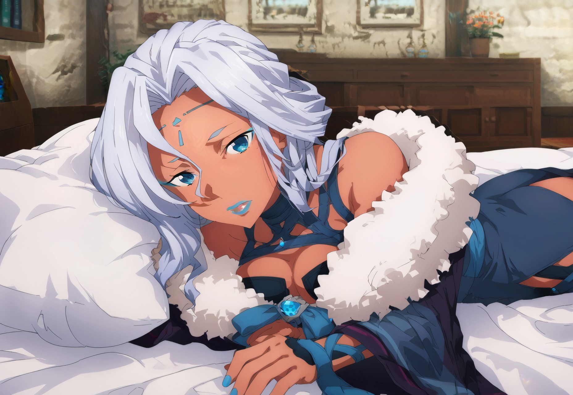 score_9, score_8, score_7 source_anime, dee eye ell, pov across bed, blue lips, solo, makeup, forehead mark, fur trim