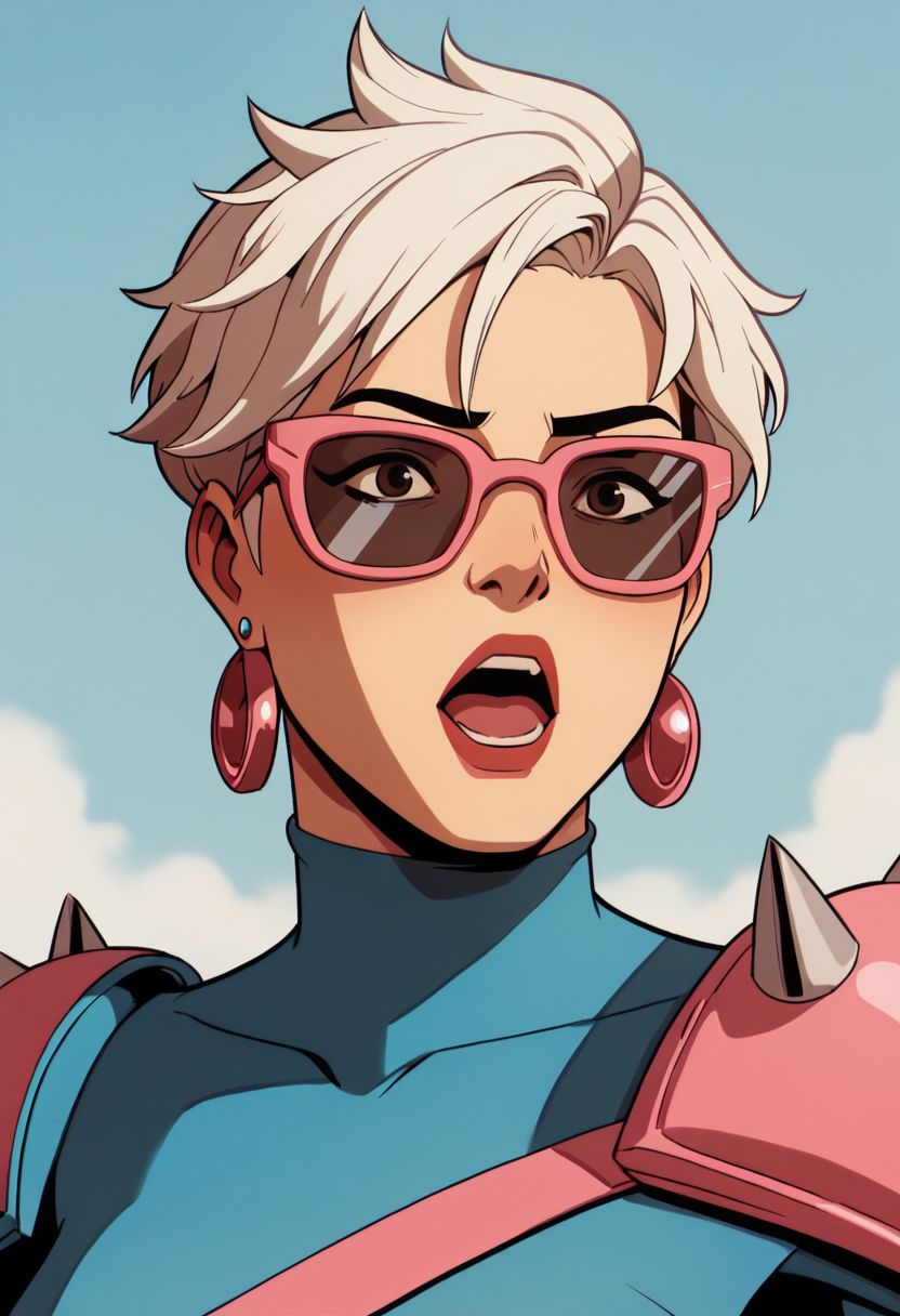 xmen97 style, solo, 1girl, earrings, jewelry, open mouth, asian, white hair, upper body, short hair, armor, makeup, spikes, anime coloring, flat color, cel shading, cel shaded, pink eyewear, sunglasses,  2d, PonyXLV6_Scores zPDXL