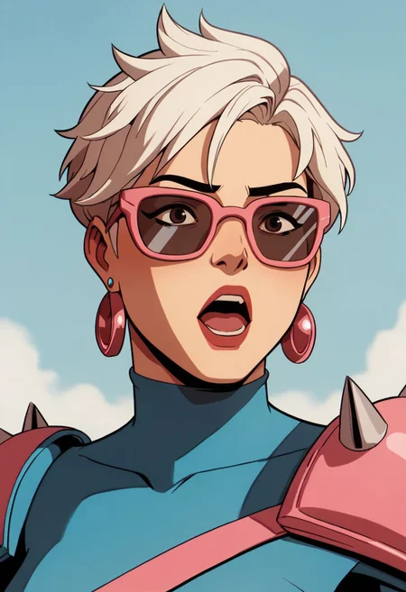xmen97 style, solo, 1girl, earrings, jewelry, open mouth, asian, white hair, upper body, short hair, armor, makeup, spikes, anime coloring, flat color, cel shading, cel shaded, pink eyewear, sunglasses,  2d, PonyXLV6_Scores zPDXL