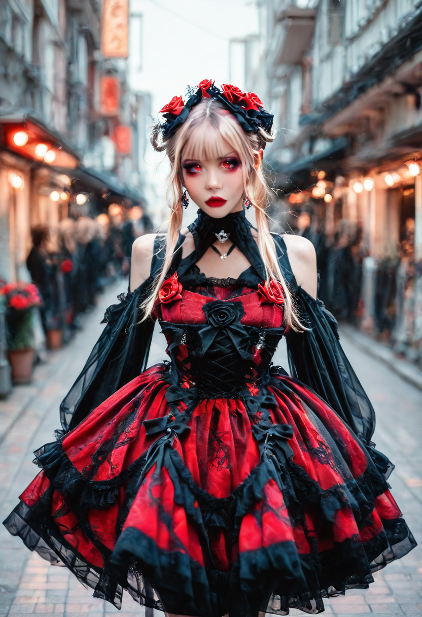 <lora:Illustrious_Realistic_Fashion_Collection_-_Gothic_Lita:1> girl wearing a gothic fashion dress, on the street, black and red dress with roses, subsurface scathering, depth of field, skin pores, detailed skin, masterpiece, best quality, newest, absurdres, highres, feeling, impact, very awa, dim lighting, sidelighting, skindentation, amazing quality, scenery, very aesthetic, newest, volumetric lighting, blending, <lora:add-detail-xl:1> <lora:cfg_scale_boost:1> <lora:sdxl_enhance:1> <lora:spo_sdxl_10ep_4k-data_lora_webui:1>