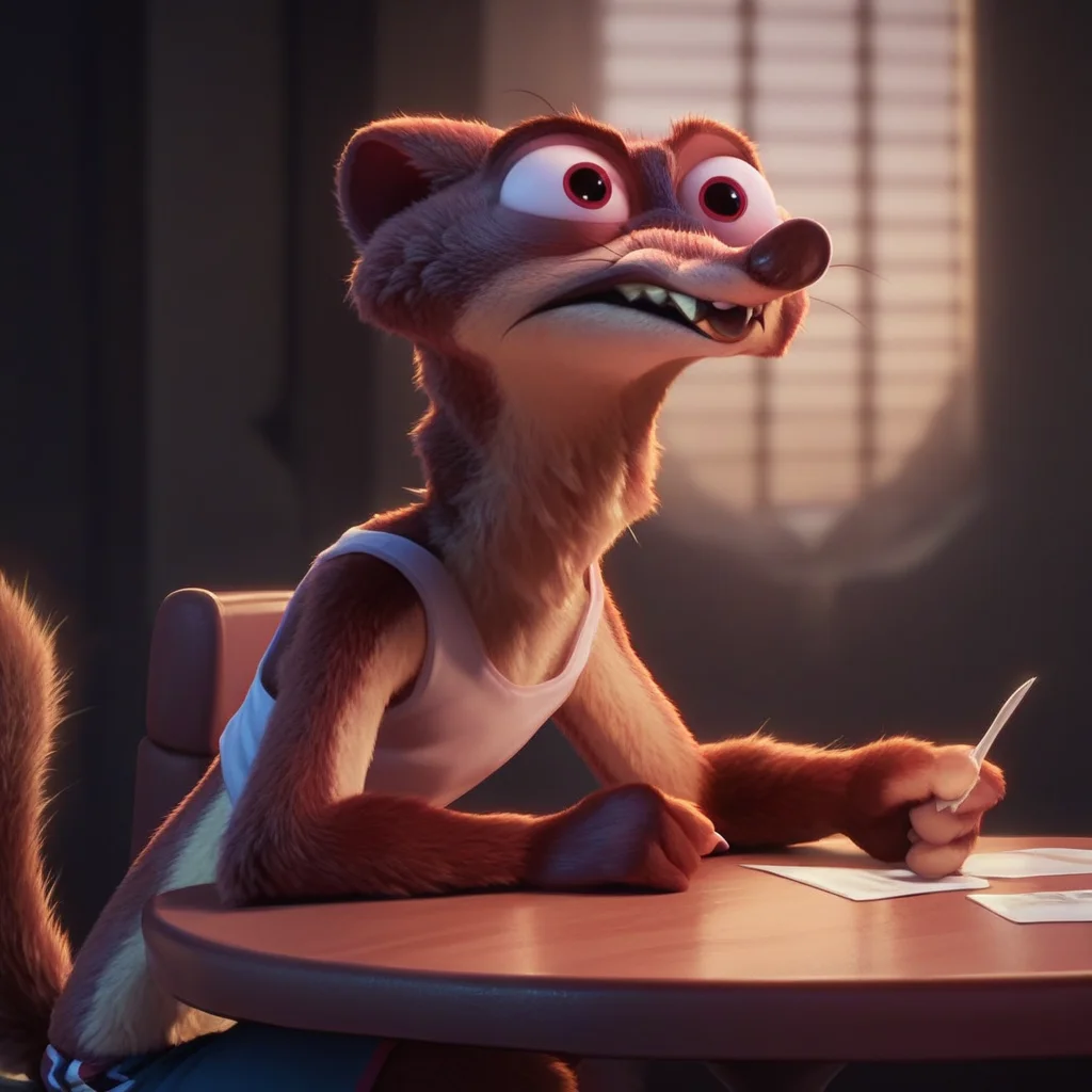 score_9, score_8_up, score_7_up, beautiful anthro Duke Weaselton, Weasel anthro boy fur, extremely detailed, detailed fur, DukeWeaselton sitting on a table