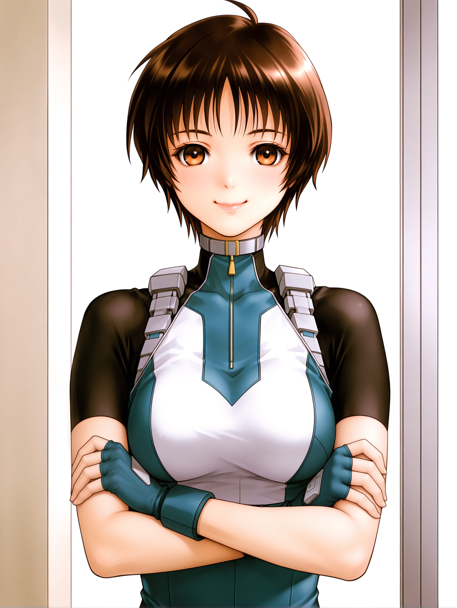 masterpiece,best quality,newest,
1girl,solo,
<lora:Aizawa_Momo_ilxl_v1.0:1>,momo_a,ahoge,brown hair,short hair,brown eyes,
m_suit,turtleneck,skin tight,bodysuit,crop top,short sleeves,fingerless gloves,leotard,
<lora:Fixhands_anime_bdsqlsz_V1:1>,white_background,looking_at_viewer,smile,straight-on,crossed arms,upper_body,front view,