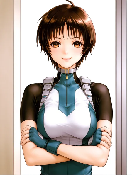 masterpiece,best quality,newest,
1girl,solo,
<lora:Aizawa_Momo_ilxl_v1.0:1>,momo_a,ahoge,brown hair,short hair,brown eyes,
m_suit,turtleneck,skin tight,bodysuit,crop top,short sleeves,fingerless gloves,leotard,
<lora:Fixhands_anime_bdsqlsz_V1:1>,white_background,looking_at_viewer,smile,straight-on,crossed arms,upper_body,front view,