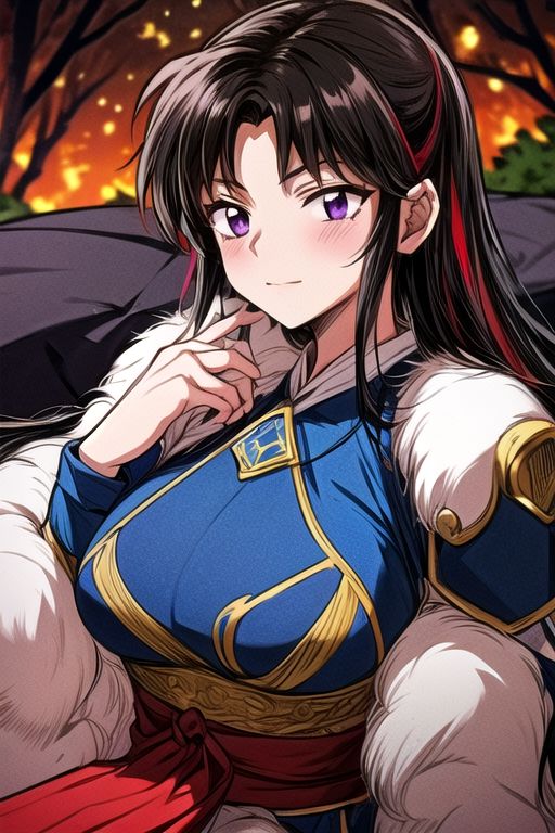 best quality 1girl Setsun4 solo long hair,  (night time) forest background black hair very long hair purple eyes multicolored hair armor (fur trim) (medium body),<lora:EMS-179-EMS:0.800000>,<lora:EMS-293862-EMS:0.800000> bow, hair_bow, hair_tubes, red_bow, brown_hair, long_hair, bangs, ascot, frilled_bow, yellow_ascot, blush, smile, hair_between_eyes, athletic, armor, miko, ,(((intricate outfit,intricate clothes,embroidered outfit,ornate outfit,embroidered clothes,ornate clothes))), laying down, lying down