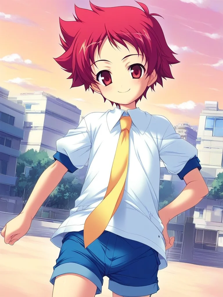score_9, score_8_up, score_7_up, source_anime, rating_explicit, BREAK <lora:Tsurumi_Tsubasa_Ver2.0_XL:1> TsurumiTsubasa, 1boy, solo, short hair, red hair, red eyes,
shorts, Yellow necktie,
outdoor, day, sky,
smile,
looking at viewer,
cowboy_Shot,