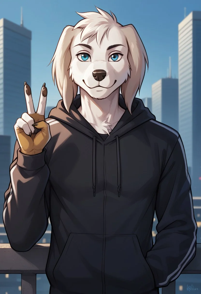 score_9, score_8_up, score_7_up, 1boy, siebastianpxl,solo, anthro dog, white body, blue eyes, male, BREAK, looks at the viewer, smiles, shows a peace sign, black hoodie, city background,