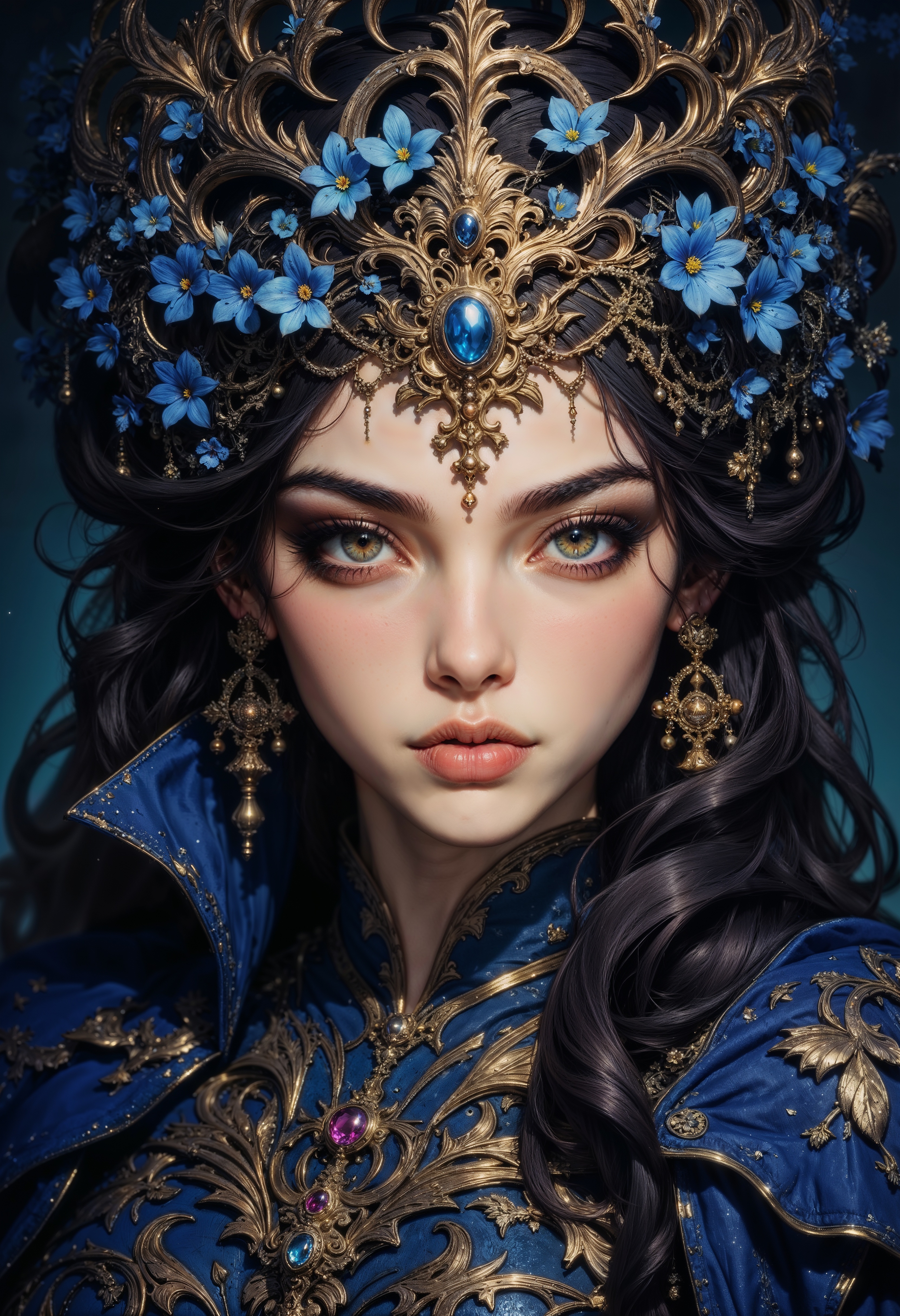 a highly stylized digital portrait featuring a woman with a striking and elaborate appearance. She has a fair complexion with a smooth, flawless texture, and her facial features are sharp and defined, including high cheekbones and full lips. Her eyes are large and expressive, accentuated by dramatic makeup. She wears an ornate headdress made of intricate gold metalwork adorned with small blue flowers, which complements her dark, voluminous hair styled elegantly. Her attire is a deep blue, metallic-looking garment with gold embellishments, giving a regal and fantastical impression. The background is a gradient of dark blue, enhancing the overall mystical and ethereal atmosphere of the portrait.