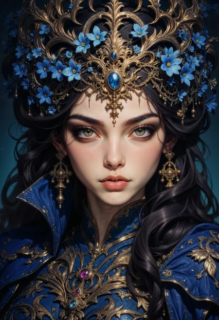 a highly stylized digital portrait featuring a woman with a striking and elaborate appearance. She has a fair complexion with a smooth, flawless texture, and her facial features are sharp and defined, including high cheekbones and full lips. Her eyes are large and expressive, accentuated by dramatic makeup. She wears an ornate headdress made of intricate gold metalwork adorned with small blue flowers, which complements her dark, voluminous hair styled elegantly. Her attire is a deep blue, metallic-looking garment with gold embellishments, giving a regal and fantastical impression. The background is a gradient of dark blue, enhancing the overall mystical and ethereal atmosphere of the portrait.