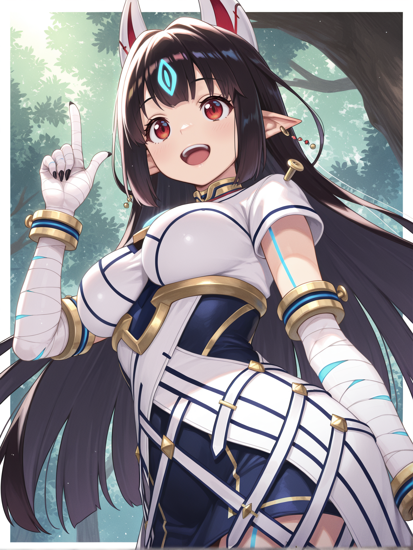 kasandra \(xenoblade\), 1girl, solo, open mouth, smile, index finger raised, from below, fox mask on head back, white japanese dress, white bandaged gloves, ball earrings, white border, black sharp fingernails, blue chest jewel,
masterpiece,best quality,amazing quality,very aesthetic,absurdres,newest,<lora:Xenoblade Chronicles 2 - Kasandra illusXL v1.2:0.75>,