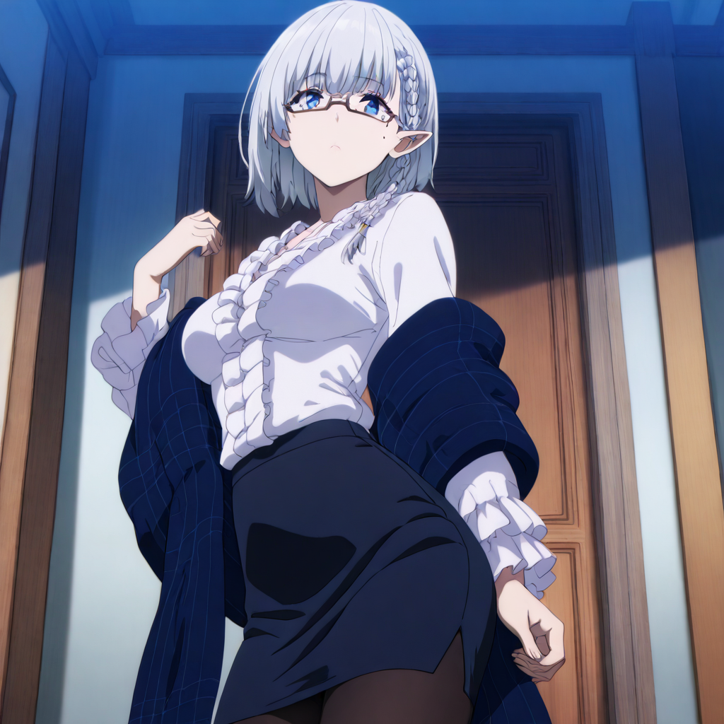 solo,cowboy_shot,looking at viewer,masterpiece,high score,great score,absurdres,anime coloring,<lora:BetaV3 ag4o:1> betakage, pointy ears, grey hair, short hair, blue eyes, mole under eye, side braid,frilled shirt,under-rim eyewear,shawl,side braid,pencil skirt,pantyhose,