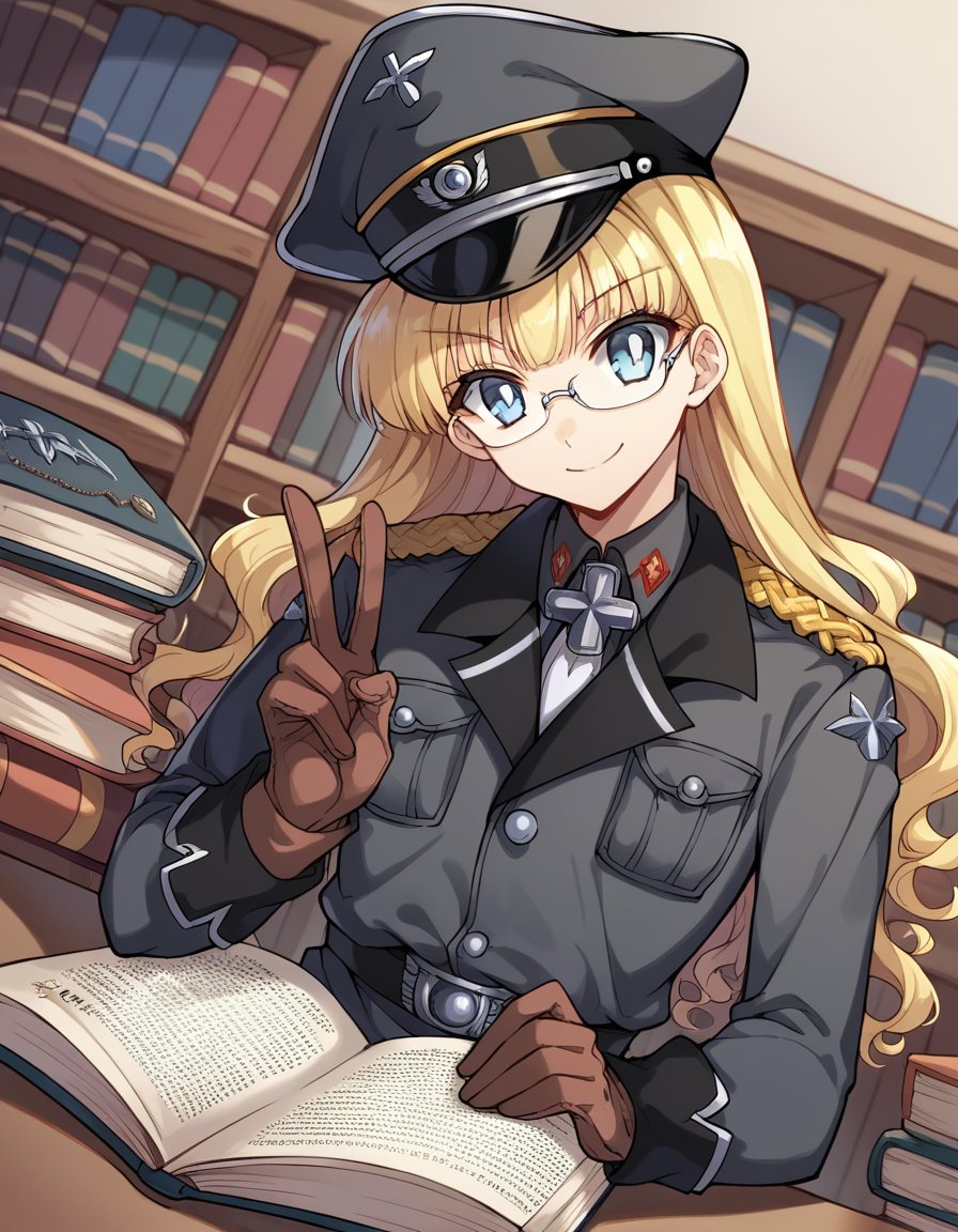 score_9, score_8_up, score_7_up, source_anime, <lora:retia-adolf-ponyxl-lora-nochekaiser:1>, retia adolf, blue eyes, blonde hair, wavy hair, bangs,, gloves, hat, military uniform, peaked cap, zettai ryouiki,, library, reading books, glasses, quiet, focused, shelves of books, , , v, smile, solo,, cowboy shot, dutch angle