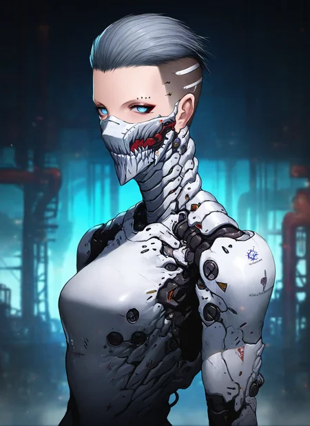 artist:, masterpiece, best quality, newest, very awa, absurdres, highres, tmnh, 1girl, cyborg, white armor, looking at viewer, Slicked-Back Undercut with Fade hair, grey hair, factory, detailed, <lora:Tsutomu_Nihei_Blame_Style_Illustrious:1.0>