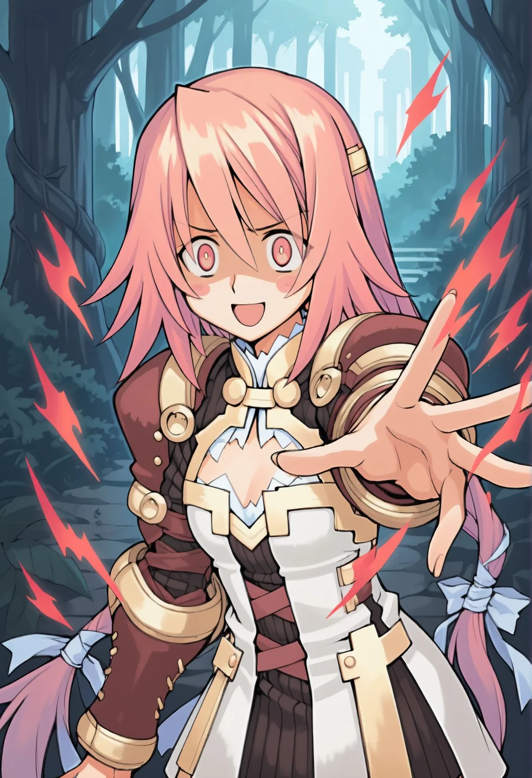 (masterpiece, best quality, newest, absurdres, highres), 
outdoors, ruins, corruption, shaded face, plant, wood, vines, 
1girl,  <lora:eina_(summon_night):1> eina (summon night), pink hair, ((red eyes, red pupils, wide-eyed, )) hair ornament, blush stickers, long hair, low-tied long hair, armor, armored dress, gauntlets, cleavage, cleavage cutout, red aura, glowing, 
flat chest, 
reaching towards viewer, palms, seductive smile, open mouth,