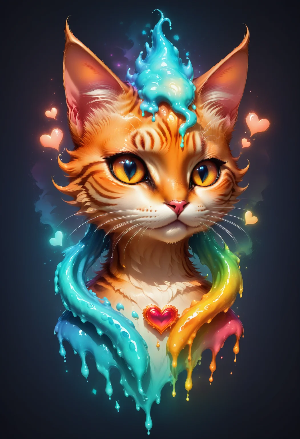 Faded Headshot, faded bottom, faded edges <lora:FadedHeadshot:1>,score_9,score_8_up,score_7_up,score_6_up,score_5_up,score_4_up faded headshot heart-shaped wax cat, vibrant faded melting wax, dynamic splashes, bright colors, high contrast, dark background, vivid lighting, celebration, romance, abstract, love concept, glowing effect, sparkling particles, multicolored drips, wax flow, illuminated, artistic