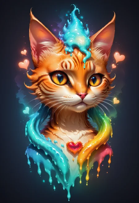 Faded Headshot, faded bottom, faded edges <lora:FadedHeadshot:1>,score_9,score_8_up,score_7_up,score_6_up,score_5_up,score_4_up faded headshot heart-shaped wax cat, vibrant faded melting wax, dynamic splashes, bright colors, high contrast, dark background, vivid lighting, celebration, romance, abstract, love concept, glowing effect, sparkling particles, multicolored drips, wax flow, illuminated, artistic