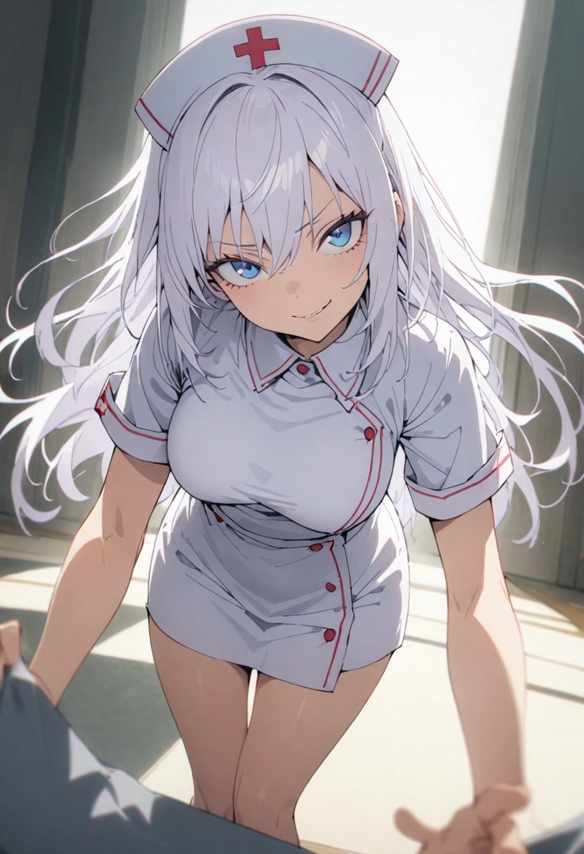 score_9, score_8_up, score_7_up, score_6_up, masterpiece, best quality, absurdres, cinematic, dynamic angle, perfect composition, solo, 1girl, medium breast, gojou satoru, blue eyes, white hair, long hair, nurse outfit, smirk, standing, looking at viewer,