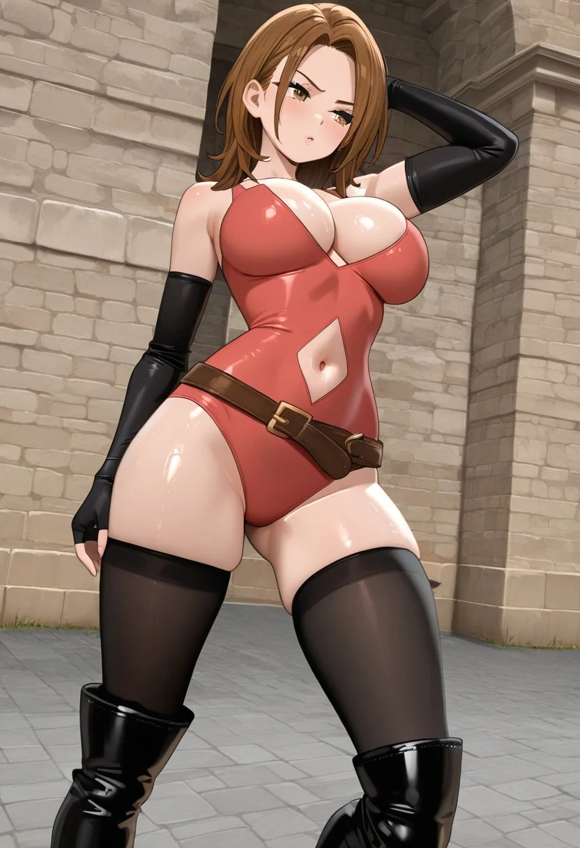 masterpiece,best quality,highres, shiny skin, Friesia, 1girl, solo, large breasts, brown hair, brown eyes, medium hair, FriesiaBS, cleavage, red leotard, navel, elbow gloves, boots, belt, black thighhighs, fingerless gloves, navel cutout, black footwear, black gloves,