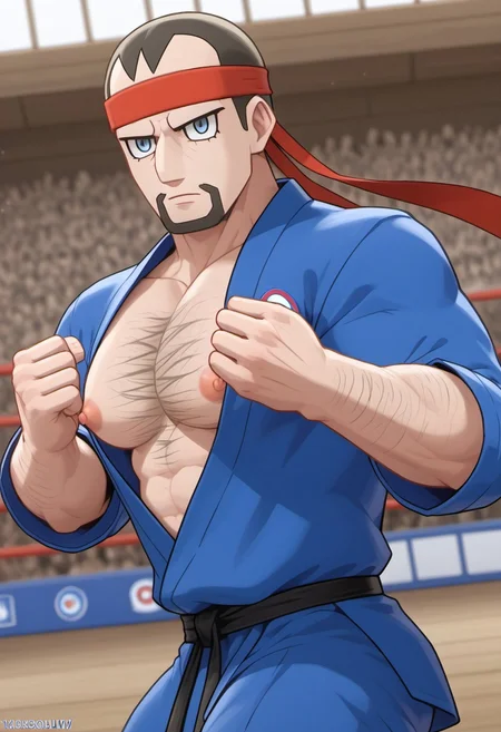 safe_pos, safe_pos, score_9, score_8_up, rating_nsfw, ultra hd, absurdres, best quality, masterpiece, masculine, solo, 1boy, 1male, male focus, best anatomy, best eyes, best hands, sexiest man alive, erotic, gay porn, cartoon art, cartoon artstyle,
POKESSBlackBelt, POKESSBlackBeltHair, blue eyes, goatee, chest hair, headband, blue gi, nipples, visible nipple, big pecs, short hair, dutch angle, fighting, training dummy, action shot, motion lines, Expressiveh