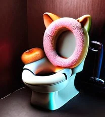 d0nu71f13d, a photorealistic image of a cat made of doughnuts sitting on a toilet made of doughnuts, cinematic lighting, absurdres, donuts, vibrant colours,