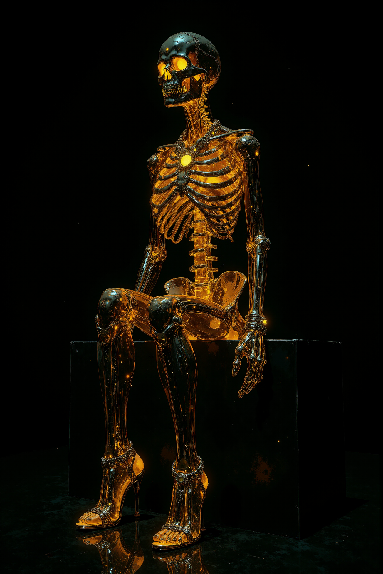 <lora:Vibrantly_Dark_style_v.1:0.85> VibrantlyDark style. A surreal and futuristic digital artwork depicting a humanoid skeleton crafted from a glossy, transparent material that reflects ambient light with an otherworldly glow. The figure sits confidently against a pitch-black void, posed with effortless poise as if embodying elegance beyond mortality. Glowing golden accents adorn its skeletal structure, emanating from intricate jewelryâbracelets, rings, and a regal necklace that sparkles against the stark transparency of its ribcage. The subtle curvature of the form suggests a fusion of organic and mechanical aesthetics, resembling a biomechanical construct or a ghostly apparition from a cyberpunk future. High-heeled shoes, also seemingly made of the same crystalline material, glisten under the ambient light, reinforcing the juxtaposition of fragility and power. The hyper-detailed rendering, with smooth reflections and realistic lighting, gives the composition an ethereal yet modern sophistication, drawing inspiration from cyber-gothic and high-fashion surrealism.