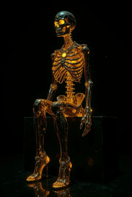 <lora:Vibrantly_Dark_style_v.1:0.85> VibrantlyDark style. A surreal and futuristic digital artwork depicting a humanoid skeleton crafted from a glossy, transparent material that reflects ambient light with an otherworldly glow. The figure sits confidently against a pitch-black void, posed with effortless poise as if embodying elegance beyond mortality. Glowing golden accents adorn its skeletal structure, emanating from intricate jewelryâbracelets, rings, and a regal necklace that sparkles against the stark transparency of its ribcage. The subtle curvature of the form suggests a fusion of organic and mechanical aesthetics, resembling a biomechanical construct or a ghostly apparition from a cyberpunk future. High-heeled shoes, also seemingly made of the same crystalline material, glisten under the ambient light, reinforcing the juxtaposition of fragility and power. The hyper-detailed rendering, with smooth reflections and realistic lighting, gives the composition an ethereal yet modern sophistication, drawing inspiration from cyber-gothic and high-fashion surrealism.