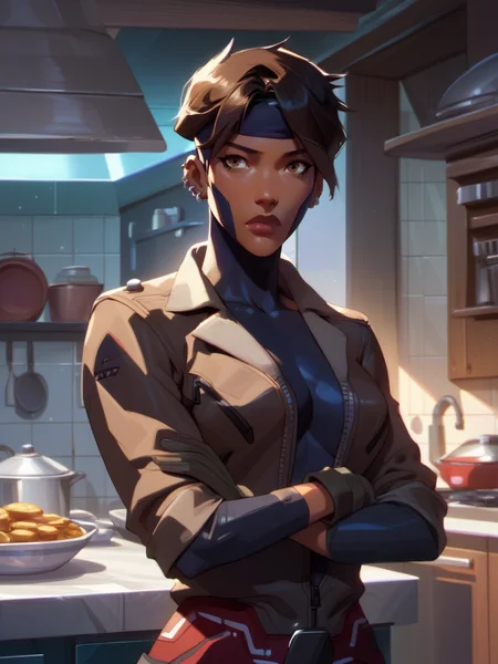score_9, score_8_up, score_7_up, high quality, masterpiece, Rocket, 1girl, dark-skinned female, short hair, brown eyes, headband, piercing, earring, bodysuit, jacket, belt, standing, mask, gloves, indoors, kitchen, crossed arms
<lora:Rocket-110reps:0.8>