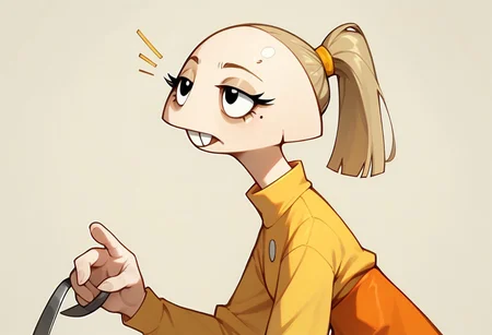 score_9, score_8_up, score_7_up BREAK pegTO, 1girl, bald head, black eyes, yellow hairclip, light brown ponytail, ponytail, buckteeth, bucktooth, no jaw, no lower jaw, half head, jawless, yellow longsleeved shirt, orange skirt, yellow socks, white black shoes,