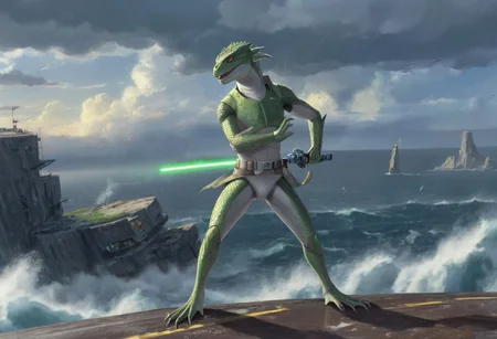 a (solo:1.5) black white (lizard:1.5) in (star wars armor:1.5) sword on belt (cockpit instruments view:1.5) driving star-wars style spaceship over (ocean:0.5) (waves:0.5), in the middle of sea, many meteors,
dawn, heavy rain, wind, windy, typhoon, hurricane, tropical storm, fog, mountain, sky, cloud, deluge, rainforest,
(anime:1.5) , anime screencap in mnst artstyle, full body character portrait landscape