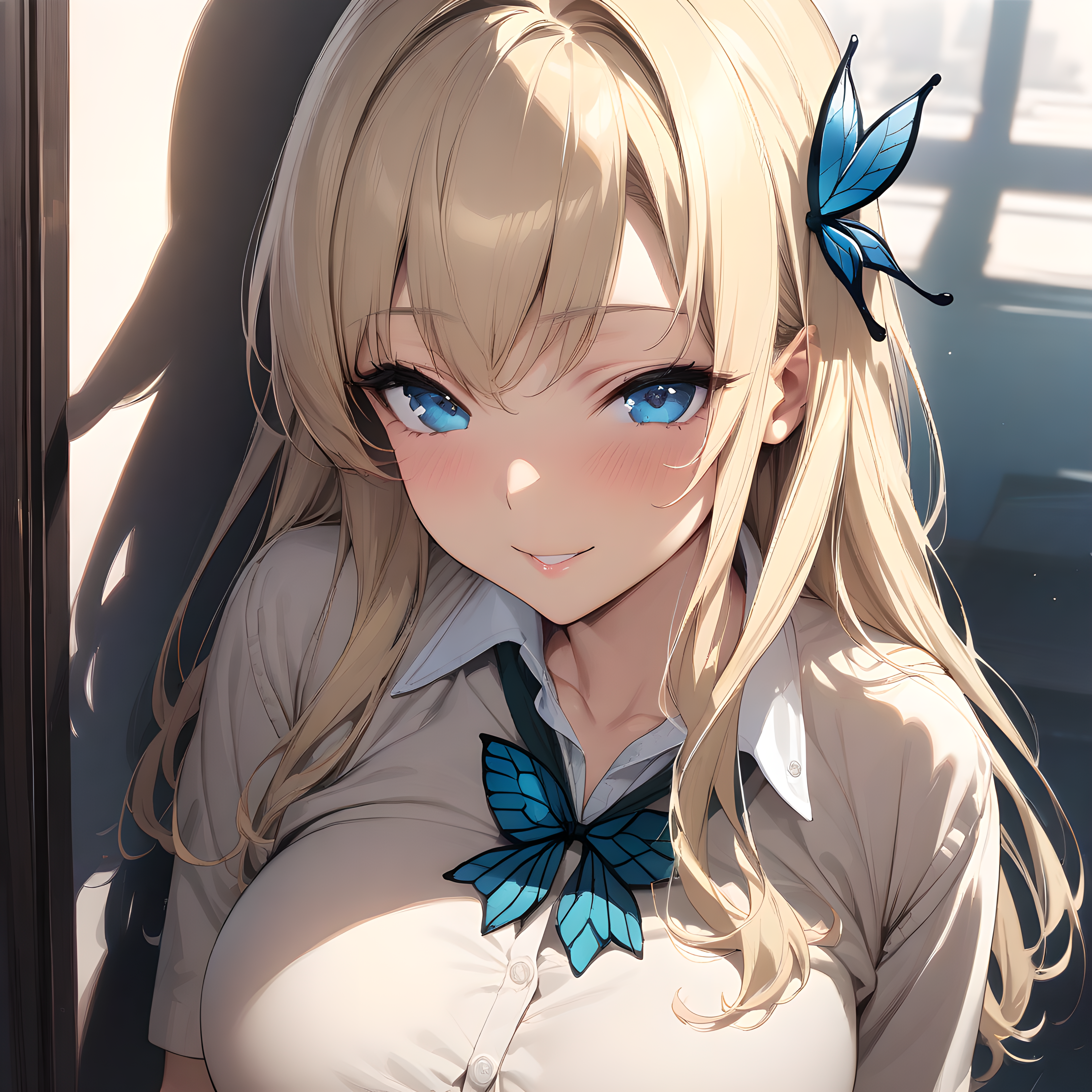 (masterpiece),(best quality),(ultra-detailed),(best illustration),(best shadow),(absurdres),(detailed background),(very aesthetic), sena kashiwazaki, blonde hair, blue eyes, long hair, butterfly ornament, hair ornament, large breasts, school uniform, pleated skirt, upper body, seductive smile,  <lora:XL-SenaKashiwazaki:1>