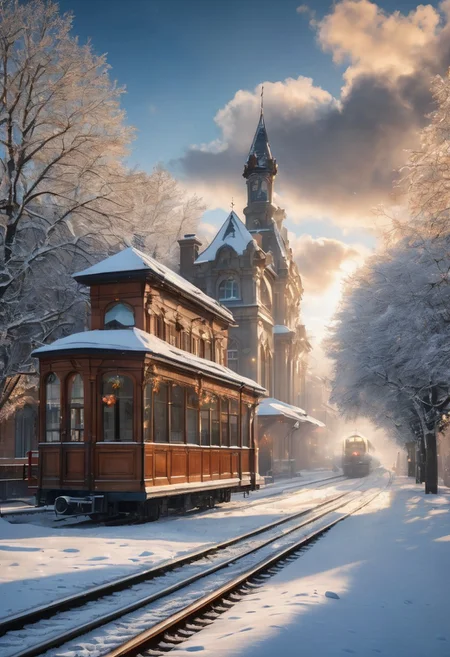 Christmas scenery, snow covered trainstation,  train, dappled sunlight, historic buildings, diamond dust, sunlight,  blue sky, day, beautiful view, mysterious glow, beautiful clouds, depth of field, masterpiece, best quality, 8k, ultra-detailed, very aesthetic, superb composition, finest details, intricate details, absurdres, high contrast,