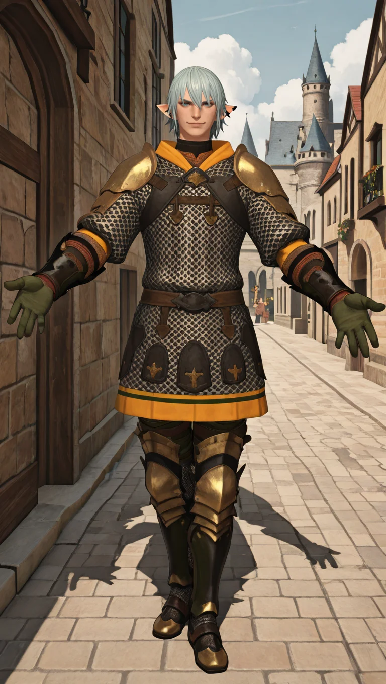 masterpiece,best quality,absurdres,newest,perfect quality,best quality,absolutely eye-catching,detailed background,male focus,solo,realistic,<lora:FFXIV - Haurchefant Greystone - Illustrious-000006:0.7>,hgreystone,1boy,adult male,elezen,pointy ears,silver blue hair,short hair,blue eyes,ear cuffs,chainmail armor,gauntlets,leg armor,armored thigh boots,outdoors,town,standing,outstretched arms,castle,looking at viewer, smiling