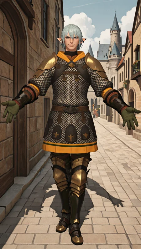 masterpiece,best quality,absurdres,newest,perfect quality,best quality,absolutely eye-catching,detailed background,male focus,solo,realistic,<lora:FFXIV - Haurchefant Greystone - Illustrious-000006:0.7>,hgreystone,1boy,adult male,elezen,pointy ears,silver blue hair,short hair,blue eyes,ear cuffs,chainmail armor,gauntlets,leg armor,armored thigh boots,outdoors,town,standing,outstretched arms,castle,looking at viewer, smiling