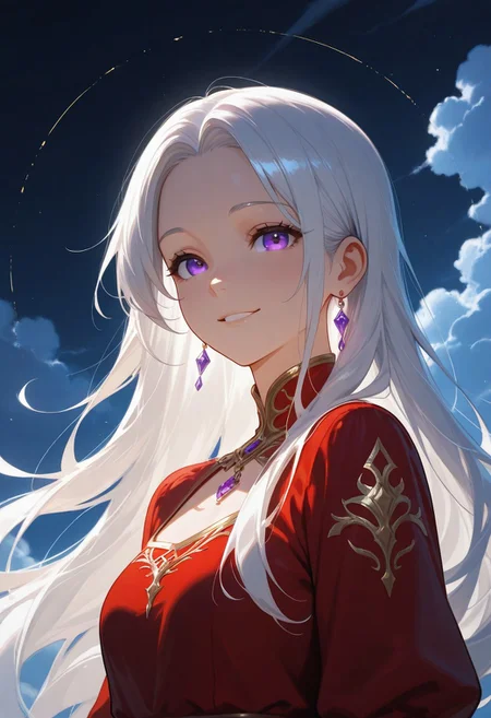 1girl, Aerea Targaryen, A song of Ice and Fire, DnD, Long Lustrious Hair, white Hair, Long white Hair, purple eyes, innocent eyes, young woman (between ages of 18-20), lovely smile, dark background, wearing a red dress, 1girl, childish features, sole girl, dynamic lighting, dynamic angle, cloud, volumetric lighting, blue sky, portrait, upper body,