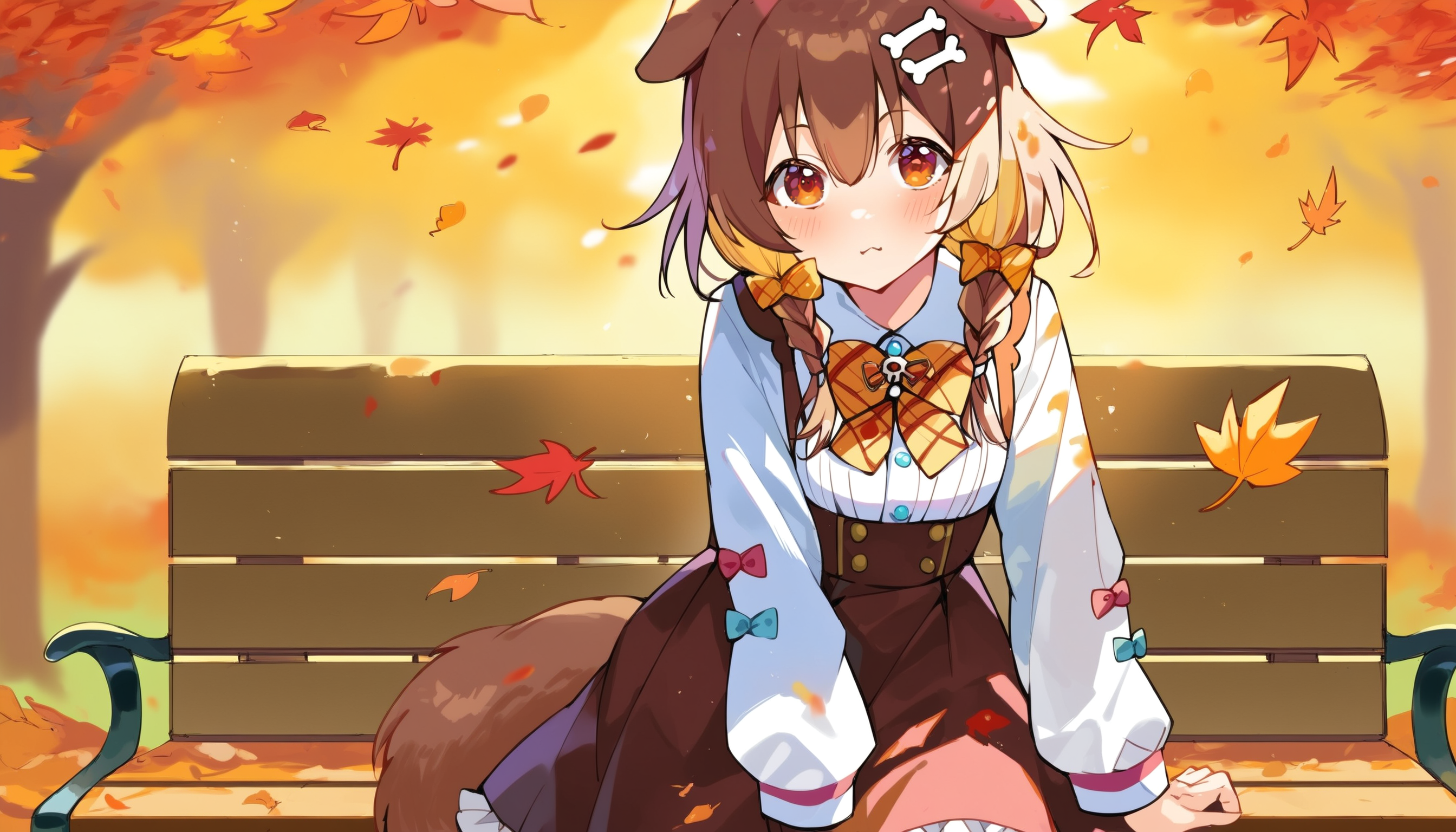 score_9, score_8_up, score_7_up, score_6_up, source anime,
<lora:inugami_korone_v1:1> inugami korone, 1girl, bone hair ornament, solo, dog girl, dog ears, dog tail, hair between eyes,
inugami korone street, high-waist skirt, white shirt, long sleeves, bowtie, yellow bowtie, frilled skirt, brown skirt, plaid bow, plaid bowtie, beret,
cowboy shot, outdoors, autumn leaves, sitting, bench, leaning forward,
looking at viewer, blush, foreshortening, falling leaves, bokeh
