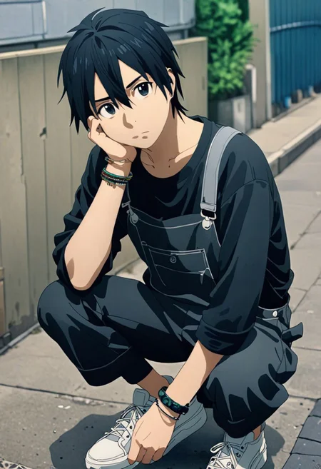 high resolution, professional photography, best quality, 1Boy, Kirigaya Kazuto, Black Hair, Black Eyes, overalldetail, lofi, candid, squat, depth of field, shirt, photo model, looking at viewer, bracelet, necklace, sneakers