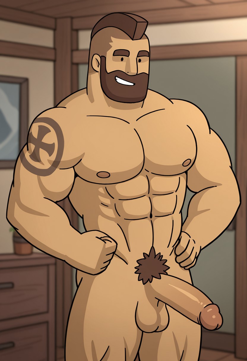 detailed background, detailed background, masterpiece, perfect quality, best quality, detailed, newest, very aesthetic, HanthRMA, facial hair, short hair, bara, solo, beard, brown hair, 1boy, male focus, indoors background, pectorals, abs, muscular. black dot eyes, girthy penis, erect, balls, nude, winking, smile