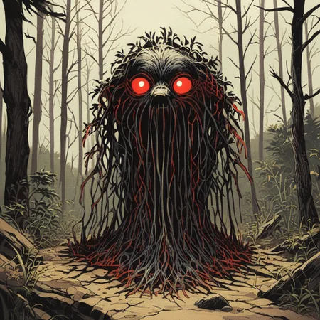 score_9, score_8_up, score_7_up,score_6_up, score_5_up, score_4_up,source_anime,retro artstyle,halftone effect,epic,intricate linework,no humans,creature focus,a black furred barghest with glowing red eyes skulking in the woods,full body,outdoors,forest,horror
