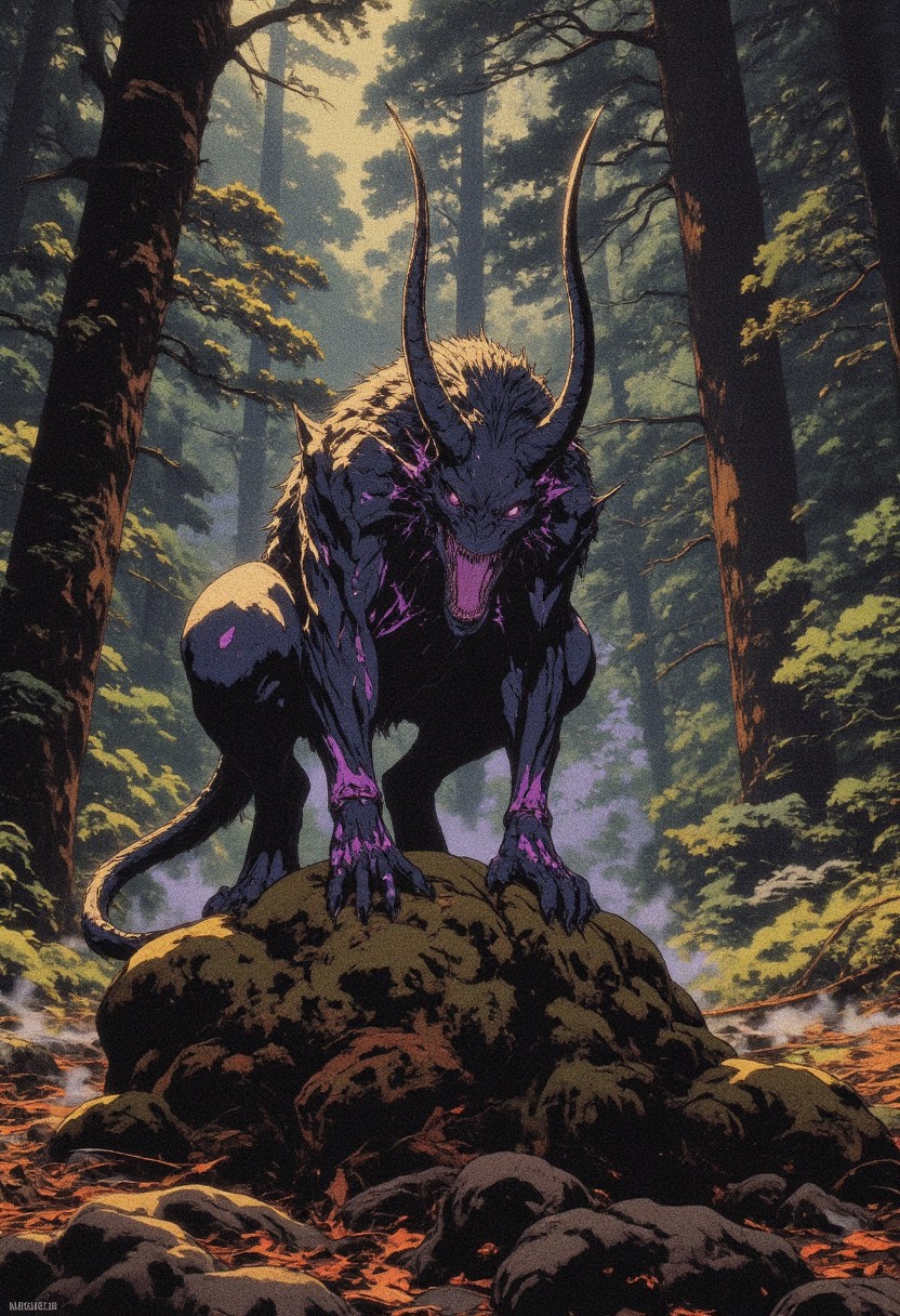 drkfnts style, ne0nfant4sy, wrcrftcnmtc, <lora:sxz-Warcraft-Cinematic-Flux:1> Create a digital painting in the style of dark fantasy art. Depict a fantasy predator with skales that stands on 4 legs in a forest landscape. It has purple glowing eyes. It is magical, it's claws and fangs glow with magic. It has strong limbs. It's scales are black and grey. Scales cover its skin. The creature has no hair, instead it has large scales. It has long agile tail and short black horns. It is ready to attack its prey. Magic translucent shining in the background. Magic spells. The background showcases a dark tundra forest, the ground is covered with fallen leaves. The scene is rich with detailed textures, including moss-covered rocks, trees, and a muted, earthy color palette.
dark fantasy<lora:sxz-Dark-Fantasy-v2-Flux:1>,<lora:NeonFantasyFLUX:1>,
