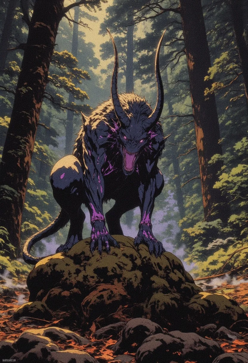 drkfnts style, ne0nfant4sy, wrcrftcnmtc, <lora:sxz-Warcraft-Cinematic-Flux:1> Create a digital painting in the style of dark fantasy art. Depict a fantasy predator with skales that stands on 4 legs in a forest landscape. It has purple glowing eyes. It is magical, it's claws and fangs glow with magic. It has strong limbs. It's scales are black and grey. Scales cover its skin. The creature has no hair, instead it has large scales. It has long agile tail and short black horns. It is ready to attack its prey. Magic translucent shining in the background. Magic spells. The background showcases a dark tundra forest, the ground is covered with fallen leaves. The scene is rich with detailed textures, including moss-covered rocks, trees, and a muted, earthy color palette.
dark fantasy<lora:sxz-Dark-Fantasy-v2-Flux:1>,<lora:NeonFantasyFLUX:1>,