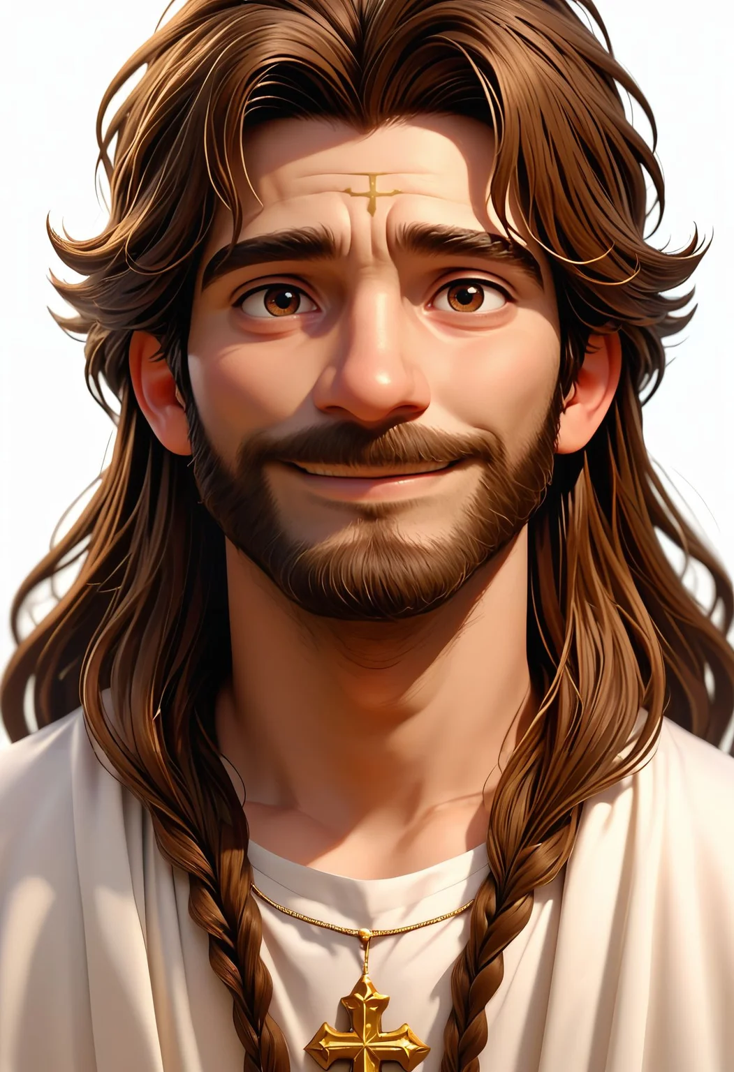 score_9,score_8_up,score_7_up, <lora:3d_render_pdxl_goofy:1>3d render, 1boy, male focus, facial hair, beard, looking at viewer, smile, long hair, brown hair, brown eyes, white background, simple background , jesus,