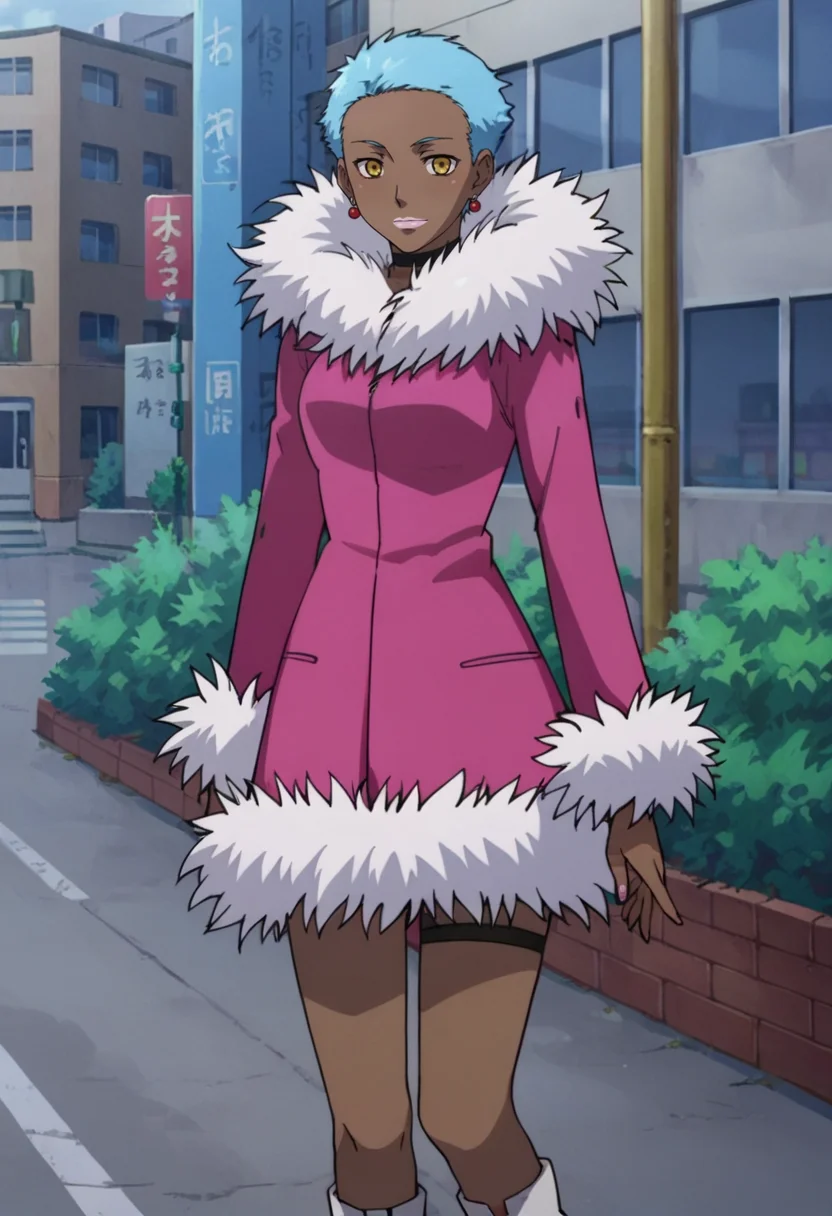 score_9,score_8_up,score_7_up,score_6_up,score_5_up,score_4_up,anime coloring,source_anime,<lora:April_Darker_than_Black_Pony:0.8>,april,1girl,solo,dark skin,yellow eyes,blue hair,short hair,lipstick,earrings,pink coat,fur trim,thighband,white boots,standing,outdoors,city,