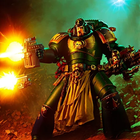 Score_9_up, absurdres, source: GamesWorkshop, grimdark, gothic horror, an adeptus astartes space marine in armor and helmet, he is firing a bolter gun