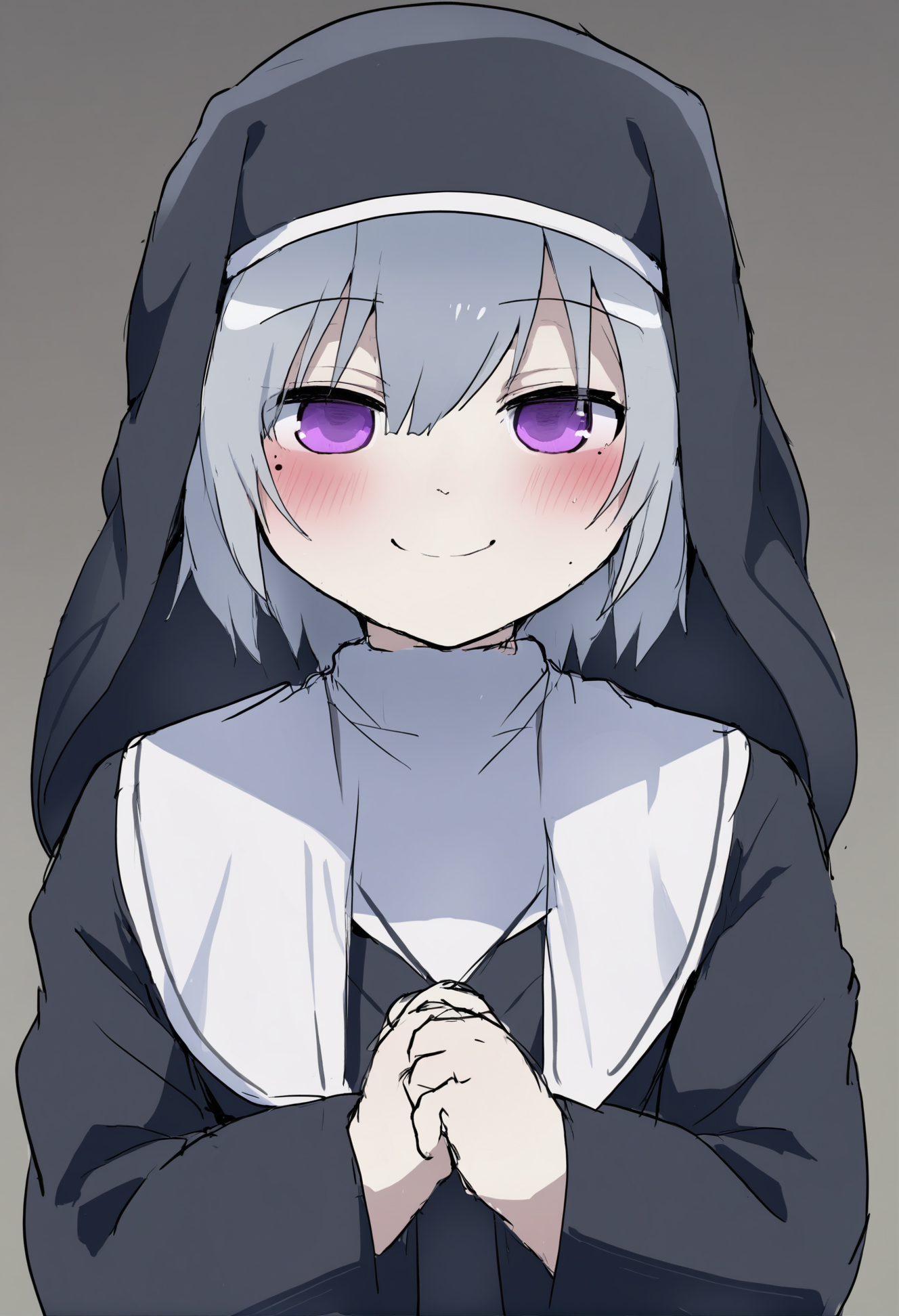 masterpiece, hyper detailed, best quality,(furry:1.3),solo, nun, habit, smile, mole under eye, gradient background, gradient, mole, hair between eyes, black hair, closed mouth, 1girl, sketch, looking at viewer, upper body, purple eyes, grey background, short hair, 1boy, grey hair, male focus  ,<lora:DAGASIXLlokr8f-000188:0.95>