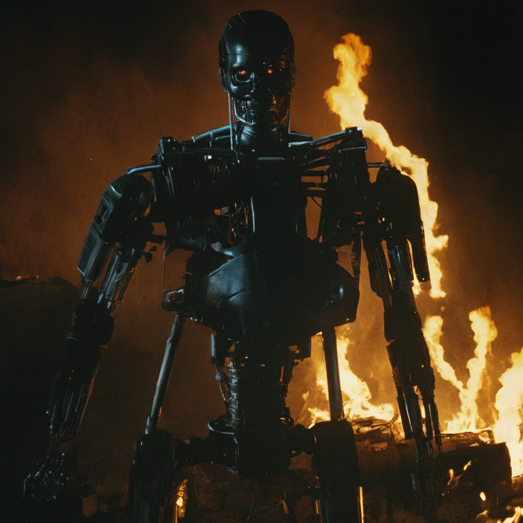 Horror-themed,  <lora:Terminator style:0.9>
In the 1980's Cybernetic Android a robot is standing in front of a fire,solo,looking at viewer,sitting,no humans,robot,mecha,science fiction,humanoid robot , horror themed, dark themed, low key light, dramatic light, dramatic shadow light, contrast, cinematic color, cinematic look, filmic, realistic, realism, perfection, perfect, Kodak, Kodak film, movie still, Terminator style, The Terminator 1984 Film style, Eerie, unsettling, dark, spooky, suspenseful, grim, highly detailed