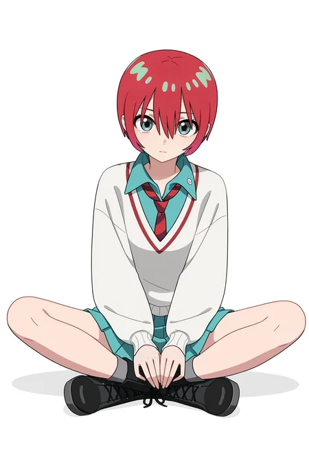 <lora:Amate Yuzuriha_illustrious-000032:1>,
Amate Yuzuriha,red hair,multicolored hair,
solo,pleated skirt,miniskirt,full body,aqua skirt,grey socks,blue shirt,white sweater,red necktie,black footwear,boots,
looking at viewer,simple background,long sleeves,white background,closed mouth,indian style