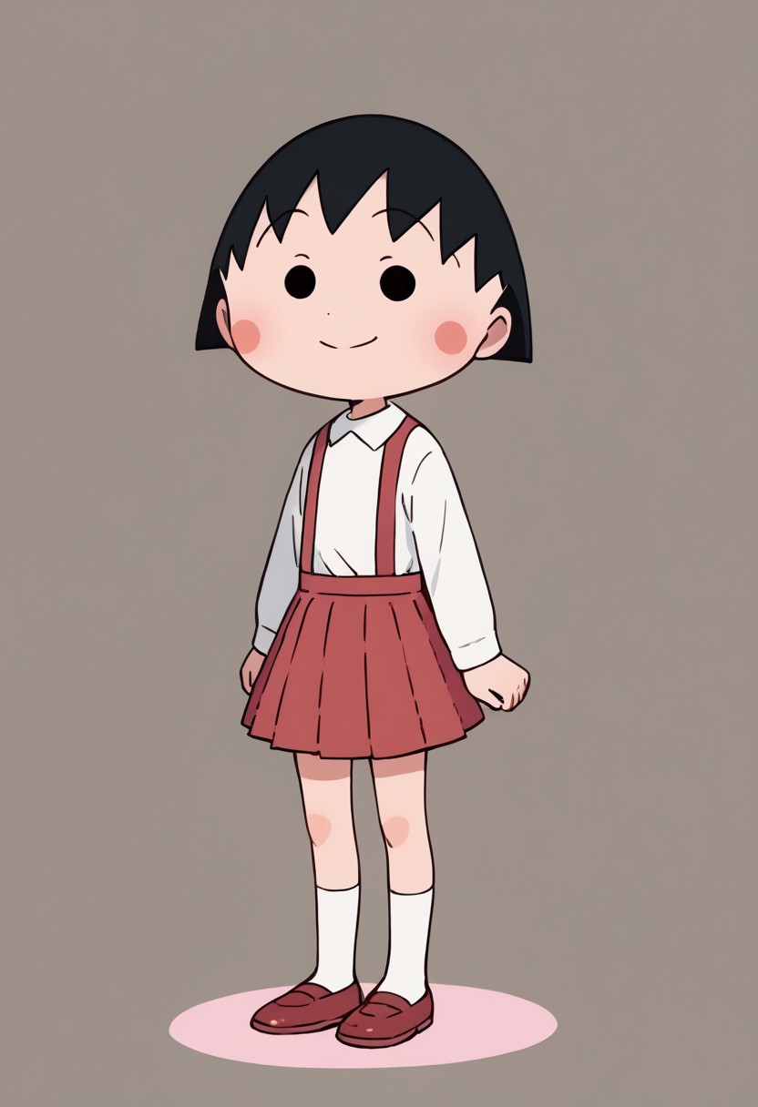 score_9, score_8_up, score_7_up BREAK ChibiMaruko, 1girl, black bobcut, black dot eyes, pink circle blush, long-sleeved white shirt, red suspenders, red pleated skirt, white socks, flat red shoes, smiling at viewer, full body,