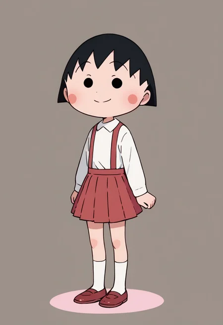 score_9, score_8_up, score_7_up BREAK ChibiMaruko, 1girl, black bobcut, black dot eyes, pink circle blush, long-sleeved white shirt, red suspenders, red pleated skirt, white socks, flat red shoes, smiling at viewer, full body,