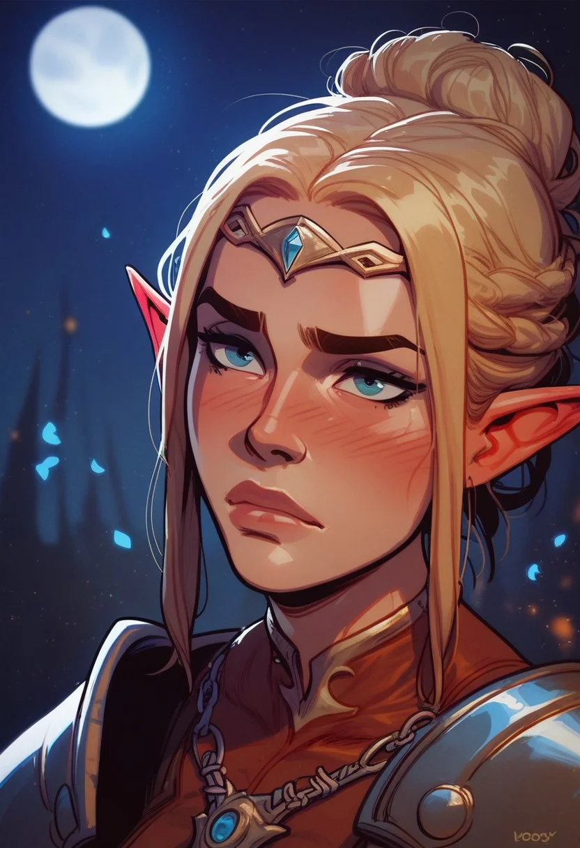 score_9, score_8_up, score_8, score_7_up, score_7, score_6_up, score_6, score_5_up, beautiful blonde, half elf ears, long straight hair, hair in a bun, golden circlet, armor, necklace, (flat stomach, narrow hips):1.4, pouty expression, blush, vox machine style, 1girl, female focus, solo, close up portrait , fantasy, moon, moon light, night background, (dynamic lighting:1.1)
((masterpiece))